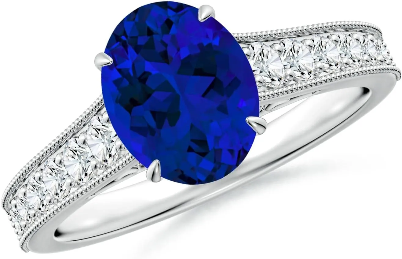Angara Vintage Inspired Oval Lab Grown Blue Sapphire Engagement Ring with Milgrain in 14K Solid Gold/Platinum | Birthday, Anniversary, Wedding Jewelry Gift for Women