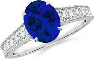 Angara Vintage Inspired Oval Lab Grown Blue Sapphire Engagement Ring with Milgrain in 14K Solid Gold/Platinum | Birthday, Anniversary, Wedding Jewelry Gift for Women