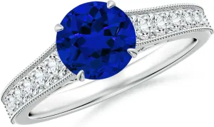 Angara Vintage Inspired Round Lab Grown Blue Sapphire Engagement Ring with Milgrain in 14K Solid Gold/Platinum | Birthday, Anniversary, Wedding Jewelry Gift for Women