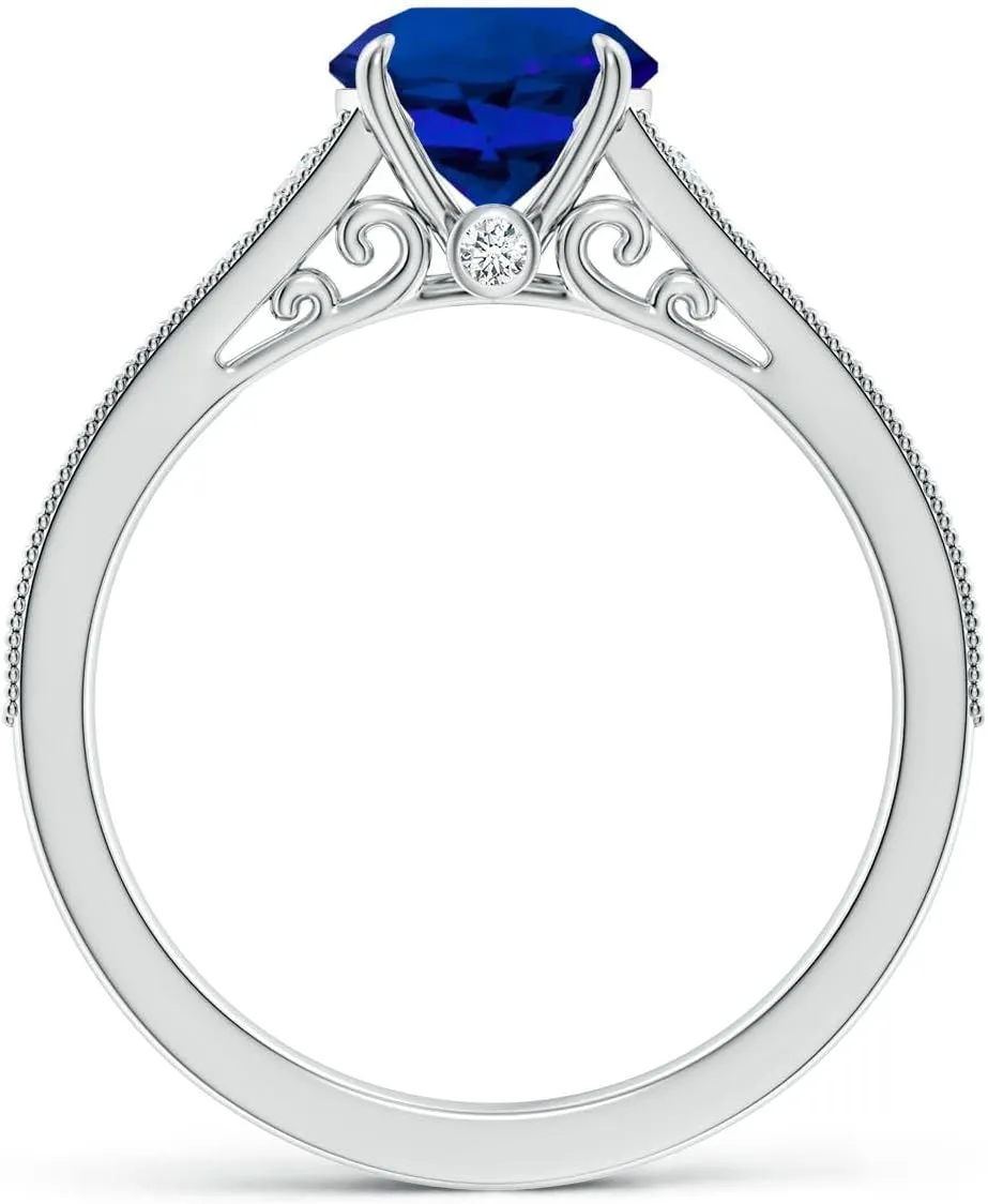 Angara Vintage Inspired Round Lab Grown Blue Sapphire Engagement Ring with Milgrain in 14K Solid Gold/Platinum | Birthday, Anniversary, Wedding Jewelry Gift for Women