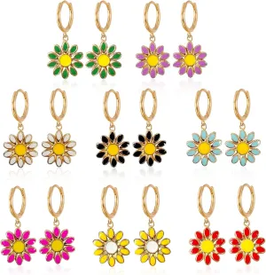 Anmpab 8 Pairs Huggie Hoop Earrings for Women Sterling Silver Hypoallergenic Small Huggie Hoop Flower Daisy Dangle Earrings Jewelry Set