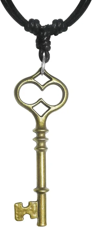 Antique Bronze Celtic Skeleton Castle Key Charm Pendant Adjustable Cord Necklace