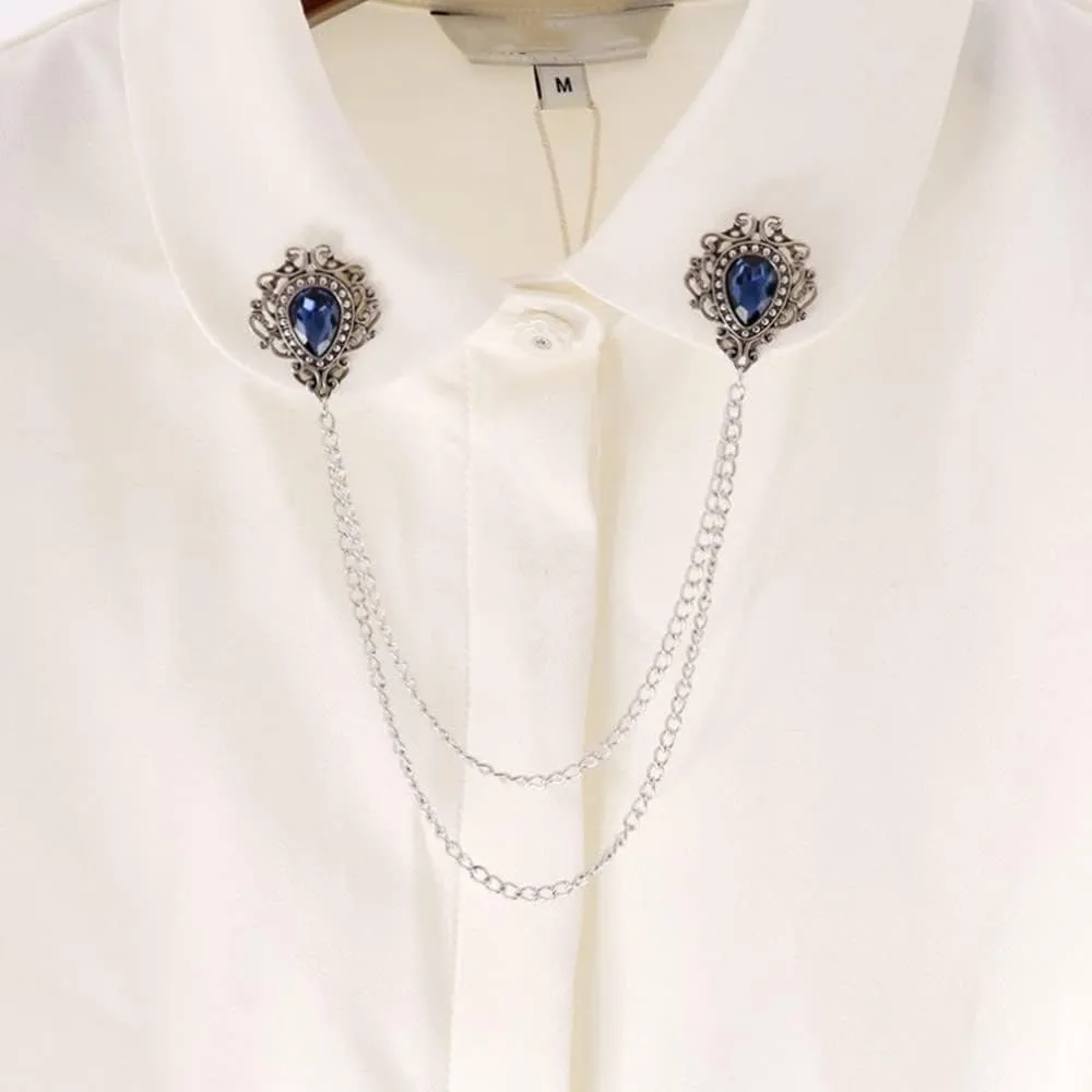 Antique Collar Clips Brooches Lapel Pins for Women Girls Unisex Vintage Elegant Enameled Flower Imitation Pearl Blue Rhinestone Layered Tassel Chain Drop Dangling Necktie Tie Shawl Scarf Dress Accessories Jewelry Christmas Birthday