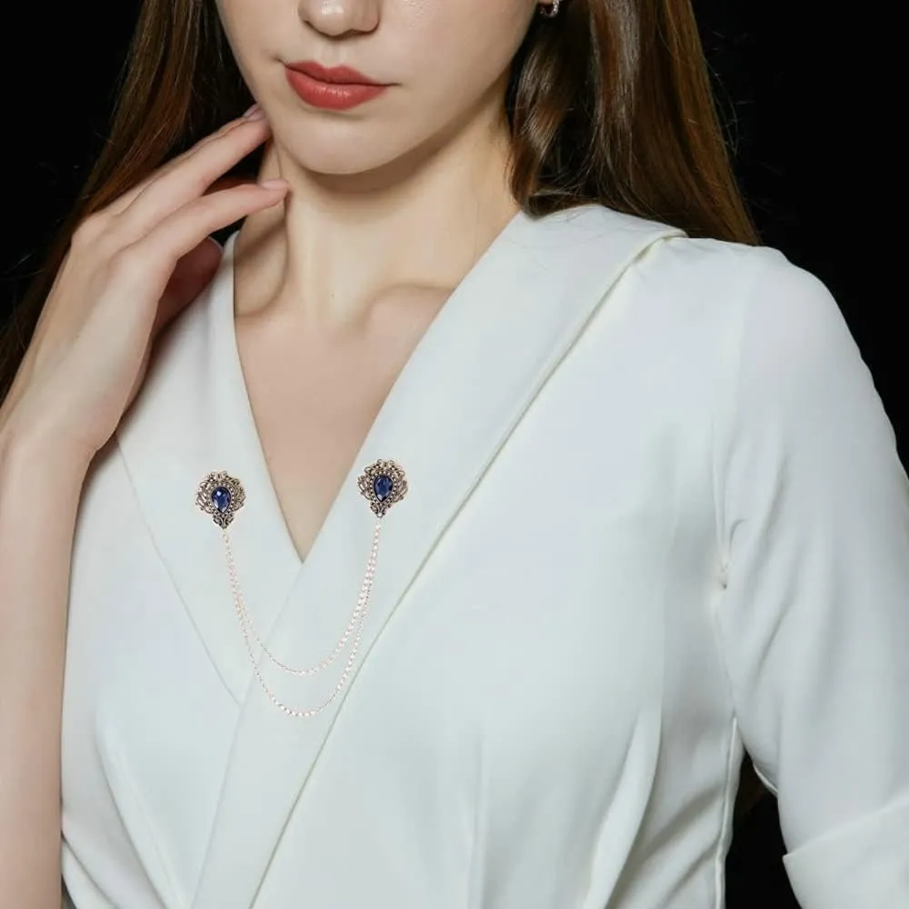 Antique Collar Clips Brooches Lapel Pins for Women Girls Unisex Vintage Elegant Enameled Flower Imitation Pearl Blue Rhinestone Layered Tassel Chain Drop Dangling Necktie Tie Shawl Scarf Dress Accessories Jewelry Christmas Birthday