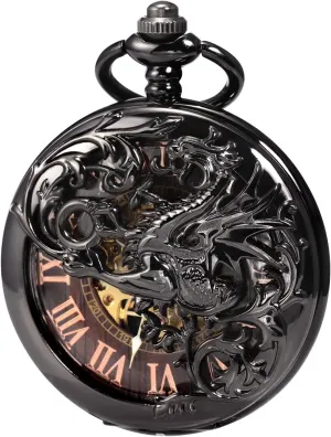 Antique Dragon Mechanical Skeleton Pocket Watch with Chain