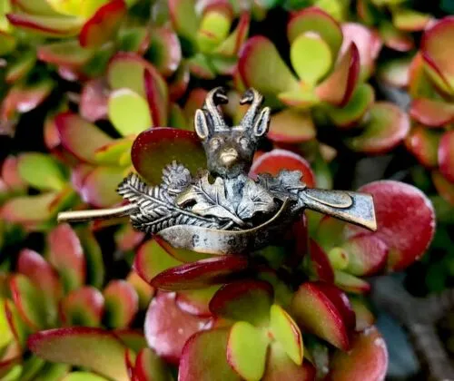 Antique Elk Deer Stag w Gun Leaves Motif 3D Brooch Pin