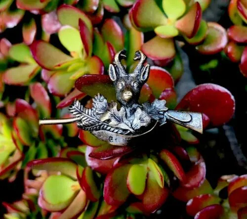 Antique Elk Deer Stag w Gun Leaves Motif 3D Brooch Pin