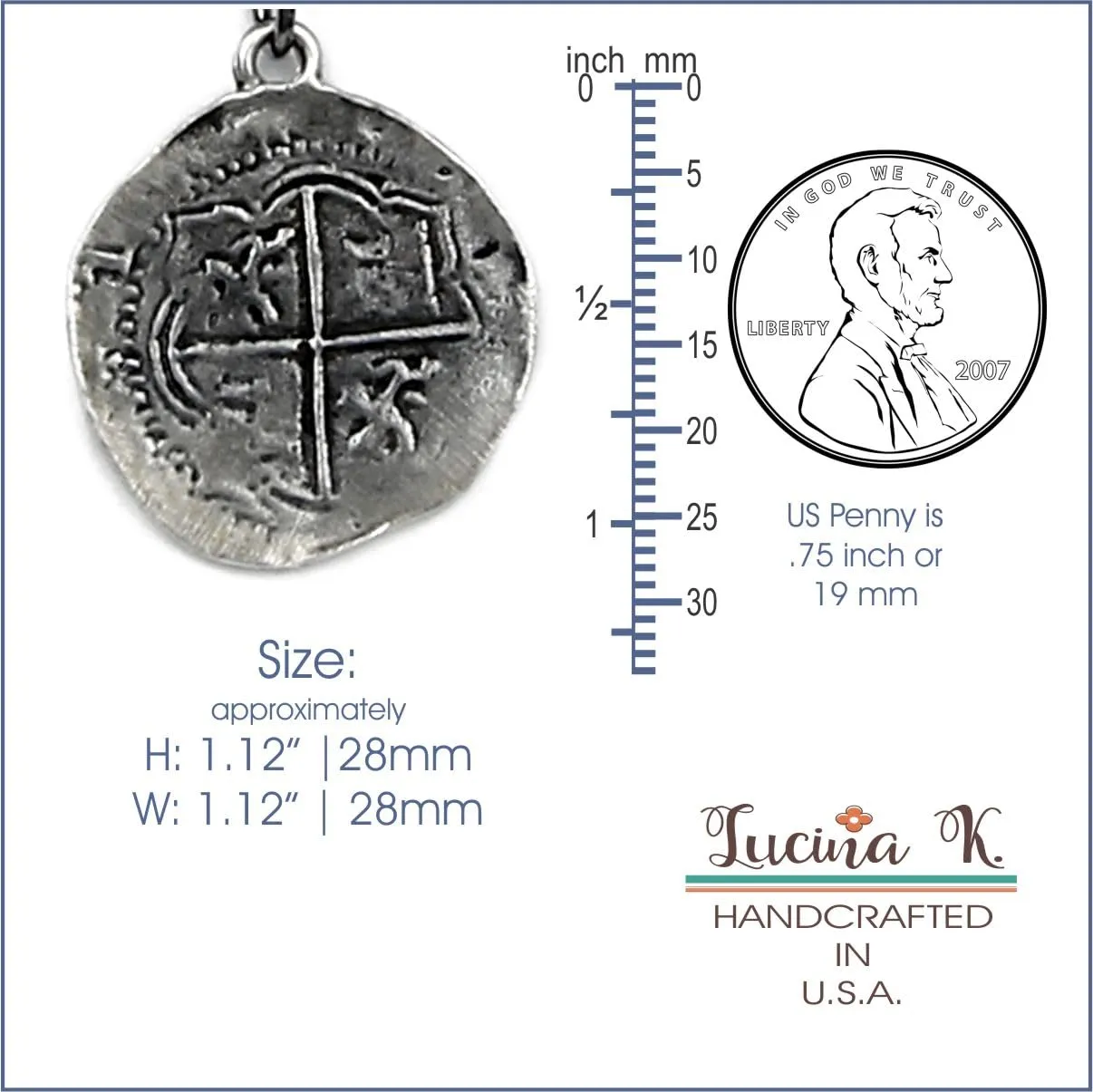 Antique Finished Pieces of Eight Coin Necklace Pewter Replica of Spanish Coin - Handcrafted in USA (Shipped by Amazon Prime 24" Chain)