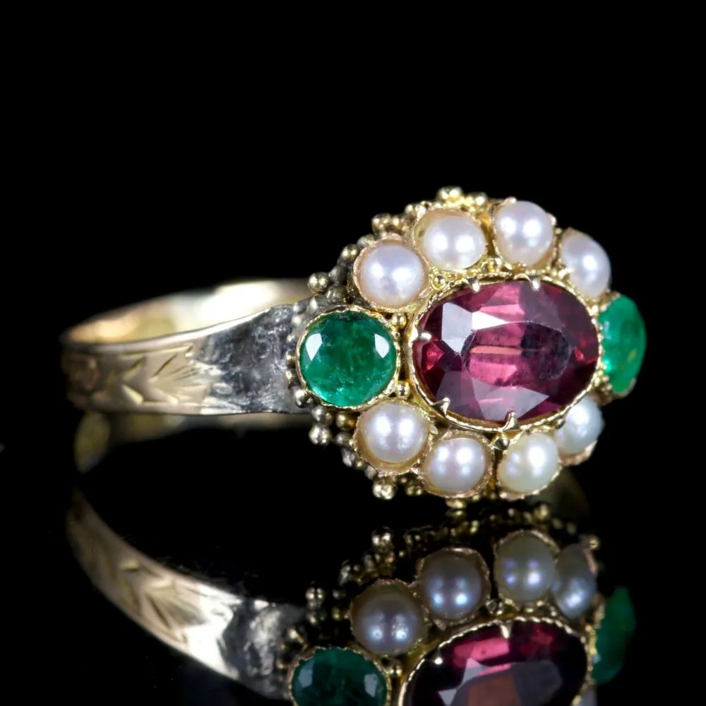 Antique Georgian Almandine Garnet Emerald Pearl Ring 18Ct Gold Circa 1800