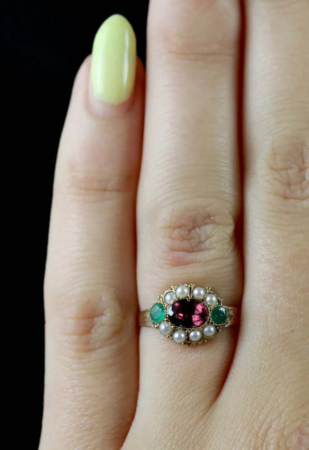 Antique Georgian Almandine Garnet Emerald Pearl Ring 18Ct Gold Circa 1800