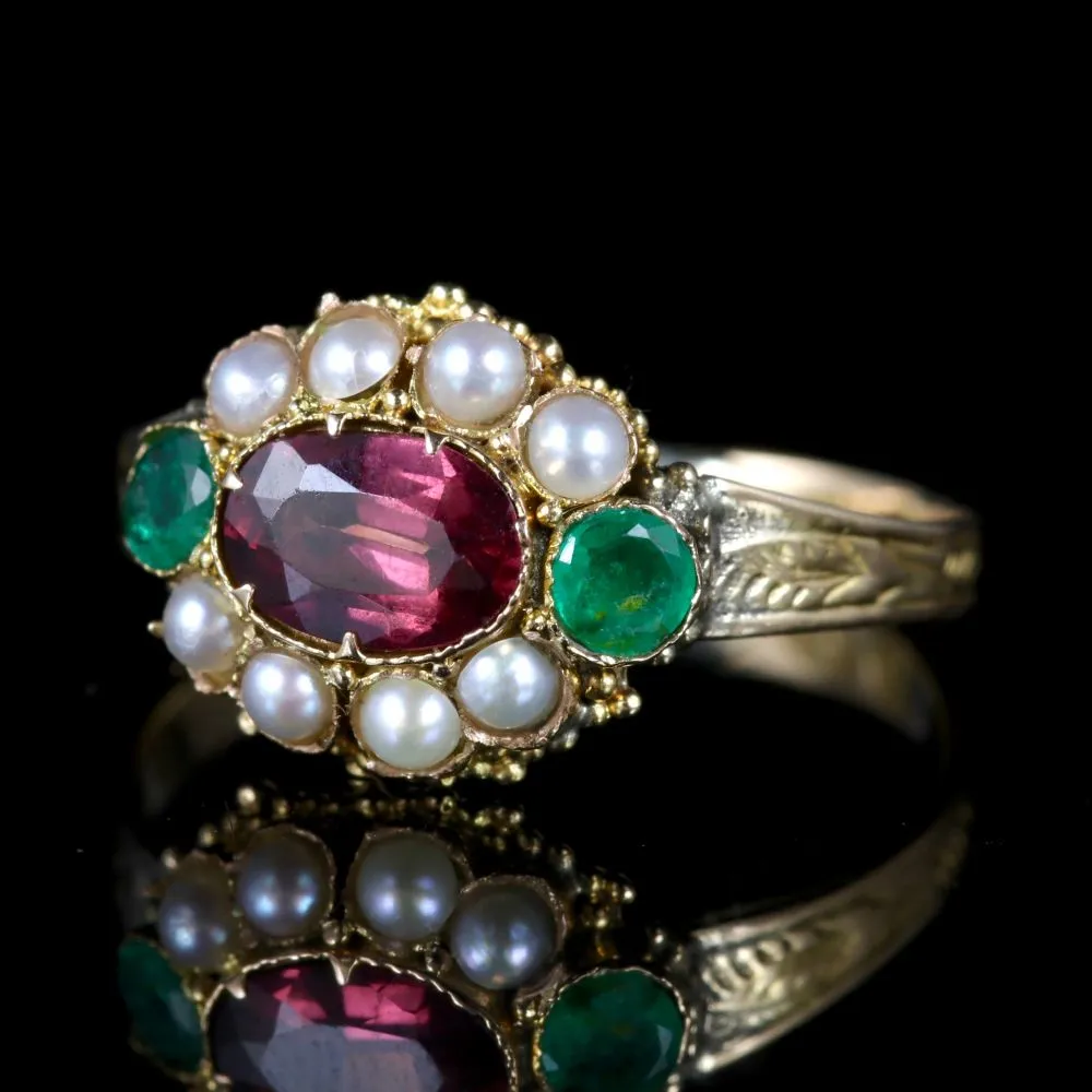 Antique Georgian Almandine Garnet Emerald Pearl Ring 18Ct Gold Circa 1800