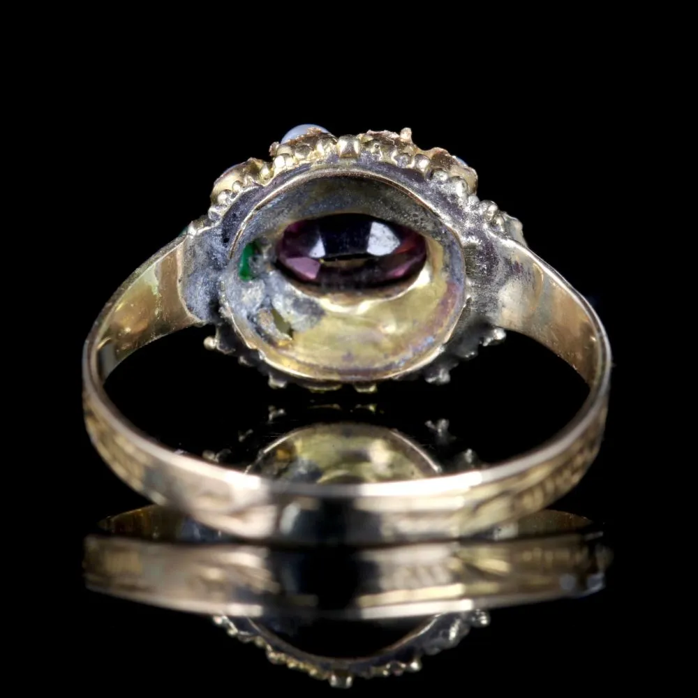 Antique Georgian Almandine Garnet Emerald Pearl Ring 18Ct Gold Circa 1800