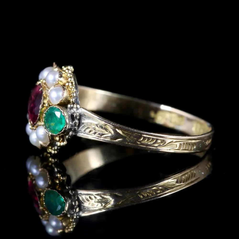 Antique Georgian Almandine Garnet Emerald Pearl Ring 18Ct Gold Circa 1800
