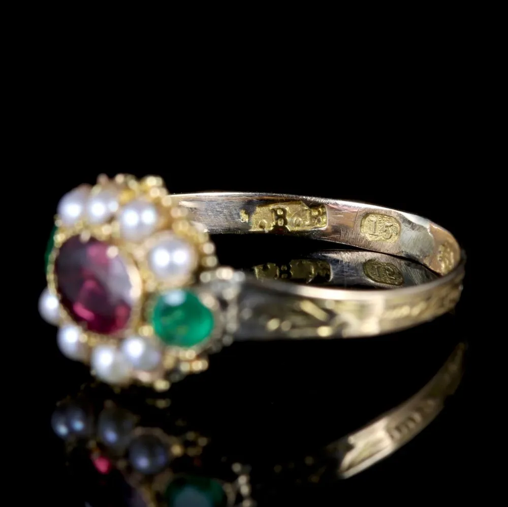 Antique Georgian Almandine Garnet Emerald Pearl Ring 18Ct Gold Circa 1800