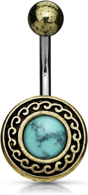 Antique Gold Plated Tribal Shield with Semi Precious Stone Center Navel Ring 14G
