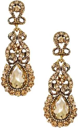 Antique Gold Vintage Retro Deco Victorian Style Champagne Amber Yellow Topaz Citrine Rhinestone Statement Earrings