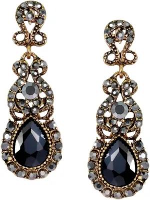 Antique Gold Vintage Retro Deco Victorian Style Jet Black Grey Marcasite Rhinestone Statement Earrings