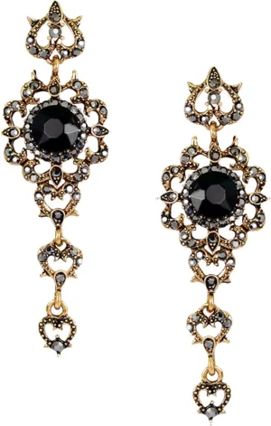 Antique Gold Vintage Retro Deco Victorian Style Jet Black Onyx Grey Marcasite Rhinestone Statement Earrings