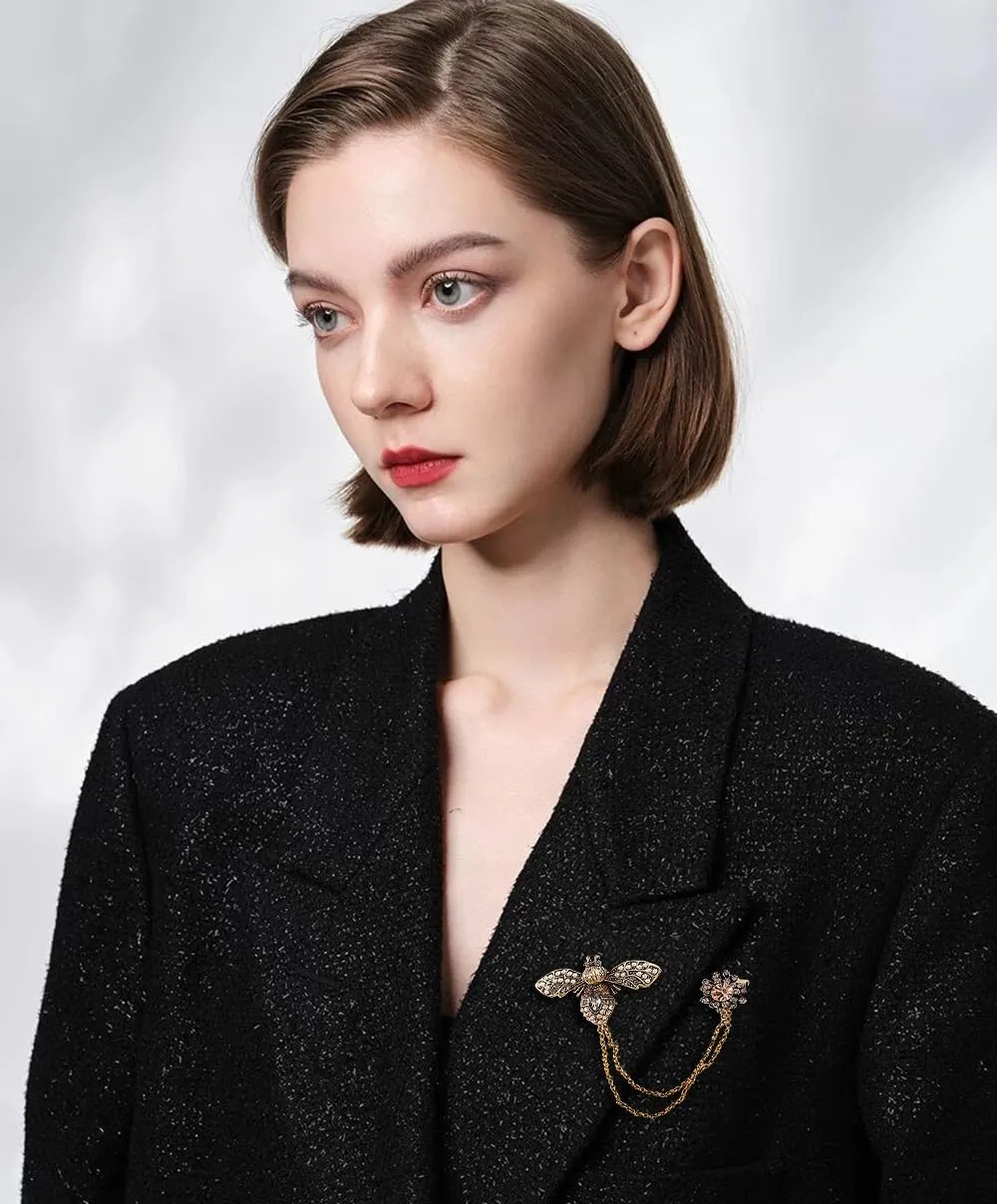 Antique Honey Bee Long Chain Collar Brooch Pin for Women Men Girls Crystal Rhinestone Flower Lapel Brooches Hanging Tassel Tie Pins Vintage Birthday Christmas Jewelry Gifts for Dress Suit Badges