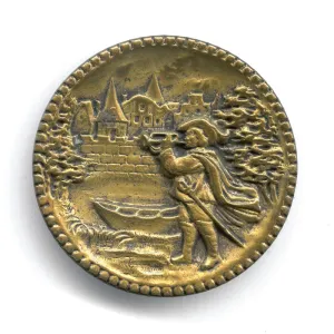 Antique stamped brass large picture button. Village Herald with Trumpet 1.5 inches. bt-vc268