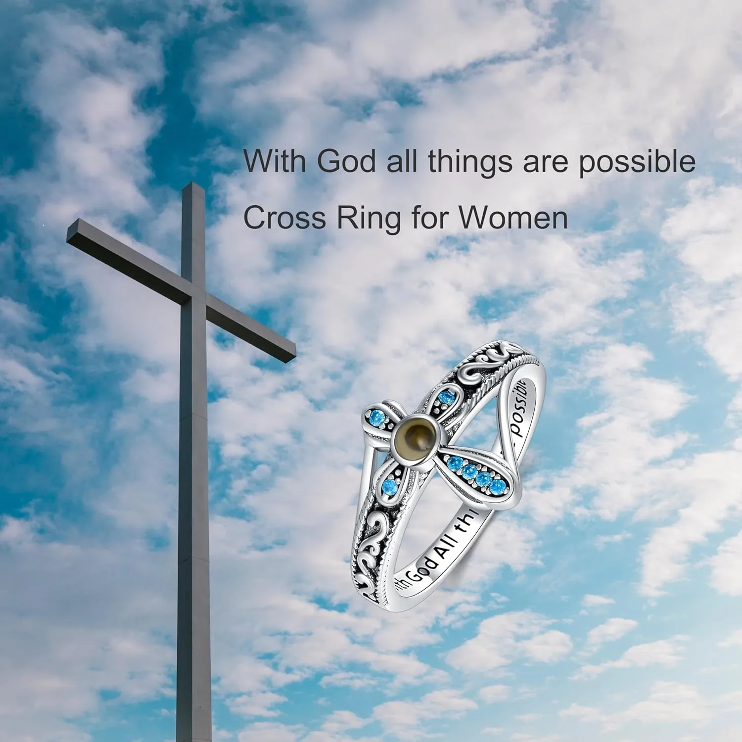 AOBOCO Cross Ring with Mustard Seed 925 Sterling Silver With God All Things Are Possible Band Rings, Size 4-13