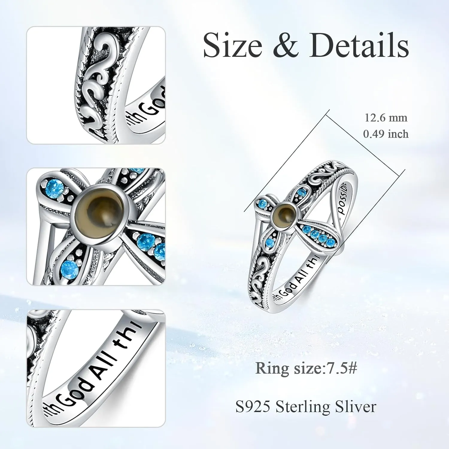 AOBOCO Cross Ring with Mustard Seed 925 Sterling Silver With God All Things Are Possible Band Rings, Size 4-13