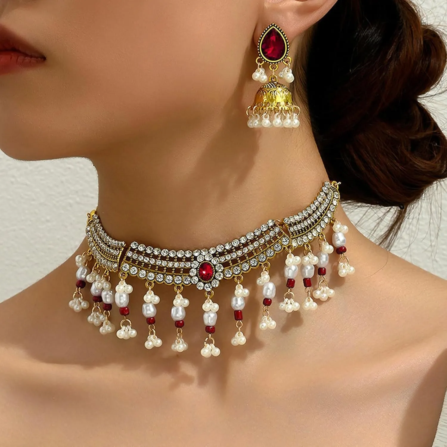 Aonklot Dainty Gold Indian Jewelry Set - Wedding Guest Dresses With Choker, Necklace & Earring