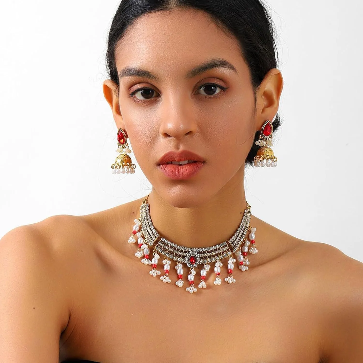 Aonklot Dainty Gold Indian Jewelry Set - Wedding Guest Dresses With Choker, Necklace & Earring