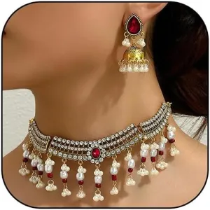 Aonklot Dainty Gold Indian Jewelry Set - Wedding Guest Dresses With Choker, Necklace & Earring