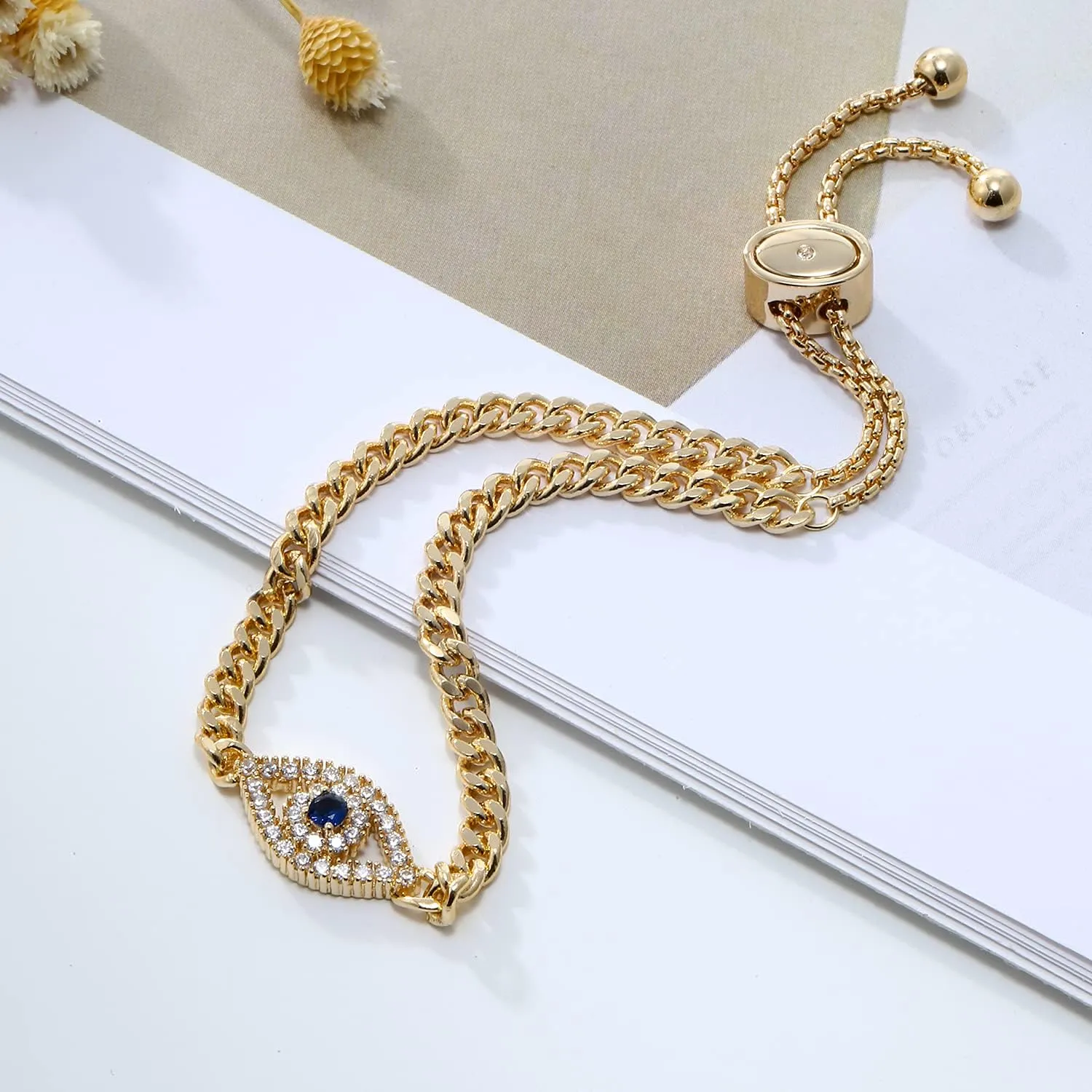 Apsvo Evil Eye Bracelet, Sideway Cross Bracelet, Silver/Gold/Rose Gold Bracelet for Women Adjustable Slide Chain Jewelry