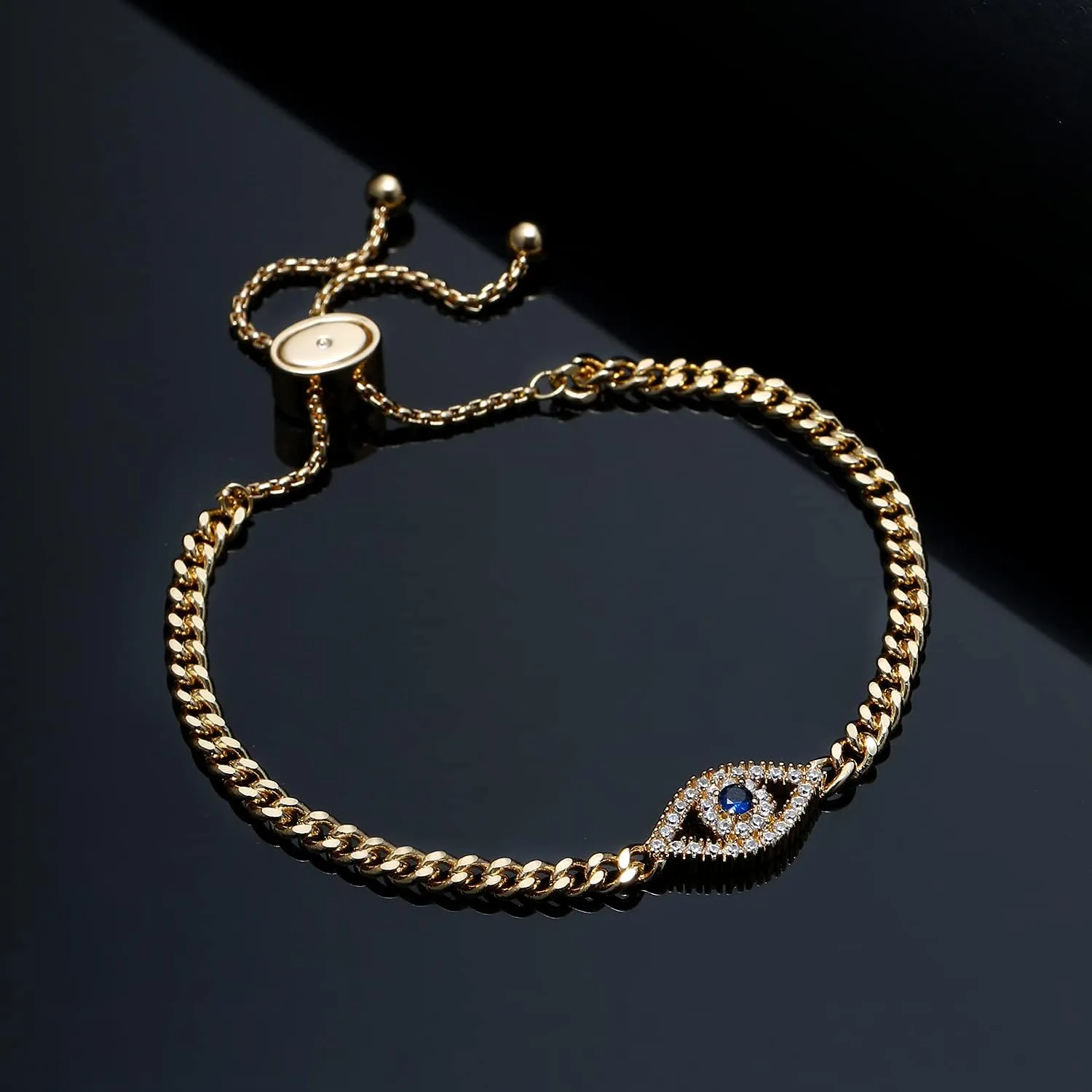 Apsvo Evil Eye Bracelet, Sideway Cross Bracelet, Silver/Gold/Rose Gold Bracelet for Women Adjustable Slide Chain Jewelry