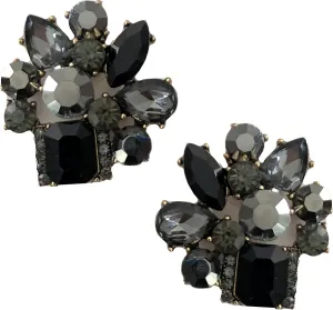 Art Deco Antique Retro Vintage Style Jet Black Silver Smokey Grey Marcasite Rhinestone Bridal Bridesmaid Wedding Prom Cluster Earrings