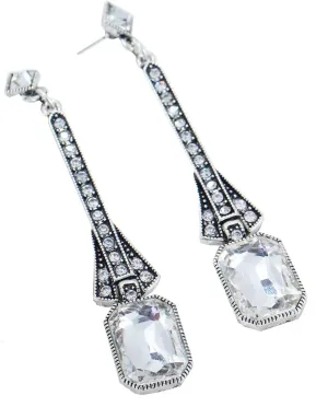 Art Deco Antique Vintage Flapper Style Clear Imitation Diamond Emerald Shape Rhinestone Extra Long Dangle Earrings