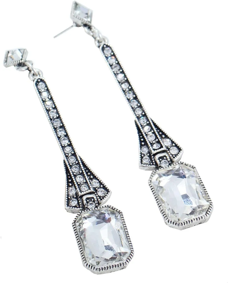 Art Deco Antique Vintage Flapper Style Clear Imitation Diamond Emerald Shape Rhinestone Extra Long Dangle Earrings