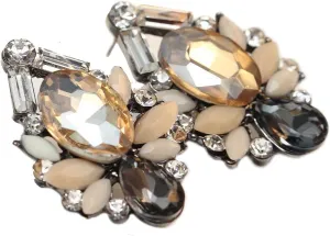 Art Deco Antique Vintage Retro Style Peach Amber Citrine Topaz Tan Grey Earth Tones Rhinestone Bridal Bridesmaid Wedding Prom Cluster Earrings