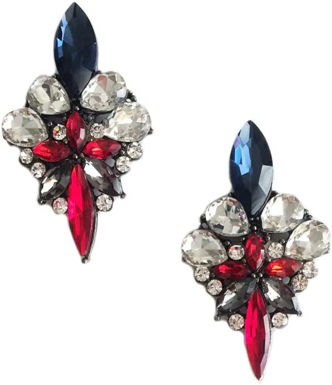 Art Deco Antique Vintage Retro Style Ruby Red White Blue Sapphire Rhinestone Wedding Bridal Prom Cluster Earrings