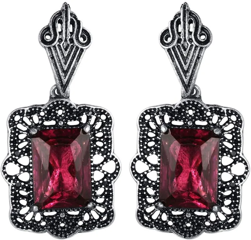 Art Deco Antique Vintage Style Garnet Wine Purple Amethyst Ruby Rhinestone Celtic Bridal Prom Gatsby Formal Wedding Earrings