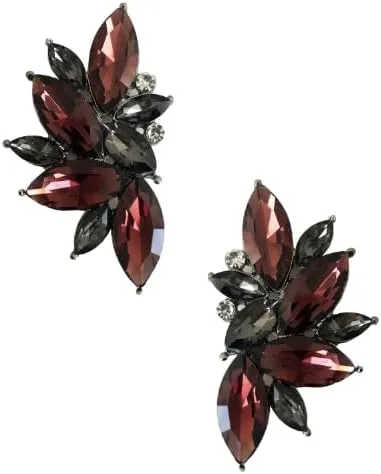 Art Deco Antique Vintage Style Lavender Lilac Purple Raisin Amethyst and Grey Smokey Topaz Rhinestone Cluster Bridal Prom Gatsby Formal Wedding Earrings