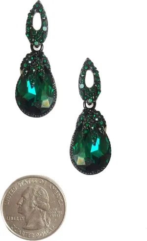 Art Deco Retro Vintage Style Dark Emerald Green Pear Formal Wedding Bridal Prom Rhinestone Earrings