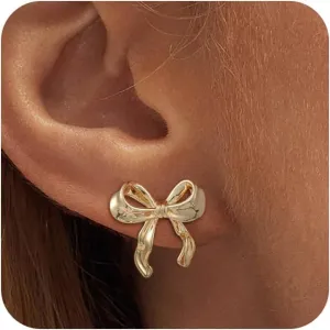 ASCOMY Gold Stud Earrings for Women - Dainty Bow 14K Gold/Silver Plated Pearl Earrings - Trendy Cute Ribbon Minimalist Jewelry Gifts for Her