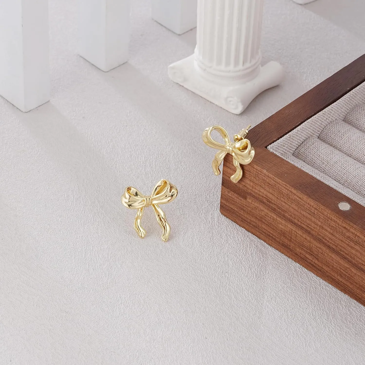 ASCOMY Gold Stud Earrings for Women - Dainty Bow 14K Gold/Silver Plated Pearl Earrings - Trendy Cute Ribbon Minimalist Jewelry Gifts for Her