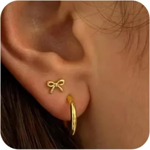 ASCOMY Gold Stud Earrings for Women - Dainty Bow 14K Gold/Silver Plated Pearl Earrings - Trendy Cute Ribbon Minimalist Jewelry Gifts for Her