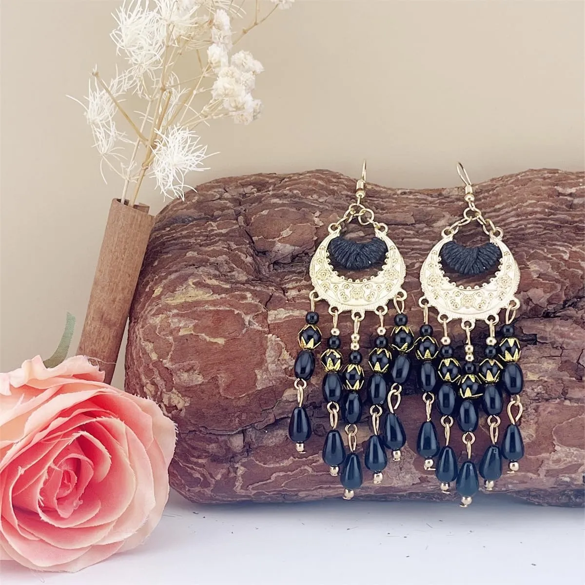 ASHMITA Vintage Bohemian Beaded Red Tassel Earring Layered Drop Dangle Earrings Green Ethnic Chandelier Boho Beads Earrings Jewelry for Women