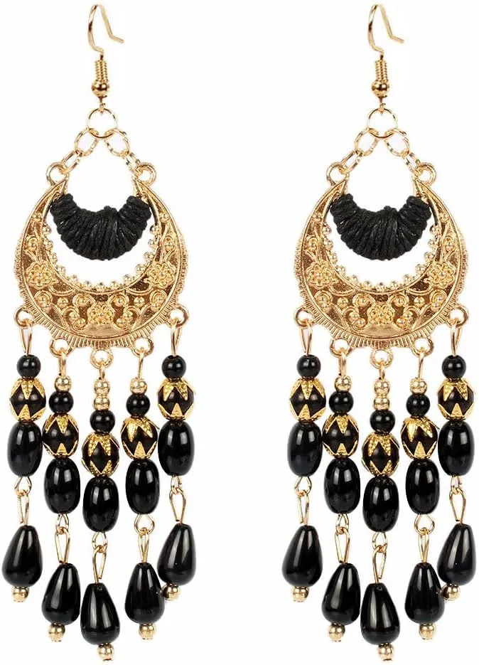ASHMITA Vintage Bohemian Beaded Red Tassel Earring Layered Drop Dangle Earrings Green Ethnic Chandelier Boho Beads Earrings Jewelry for Women