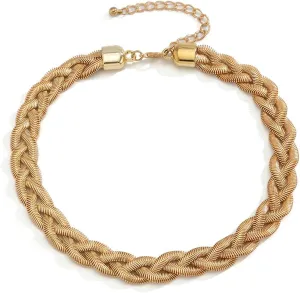 Asphire Punk Twist Snake Bone Choker Necklace Chunky Twisted Flat Herringbone Chain Necklace Boho Metal Chain Necklace Hip Hop Jewelry Gift for Women