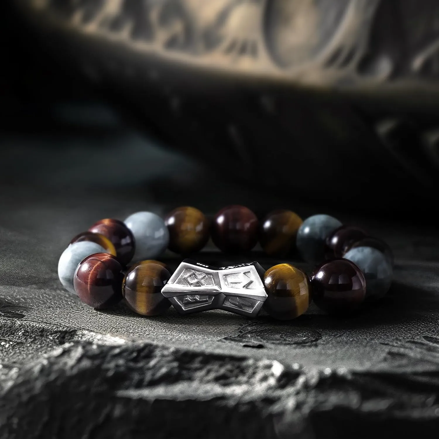 AWNL Men's Beaded Bracelet with Sterling Silver Engraved Runes Charm 12mm Bronzite Dumortierite Obsidian Natural Gemstone Gift for Men, 6.1''-7.9''