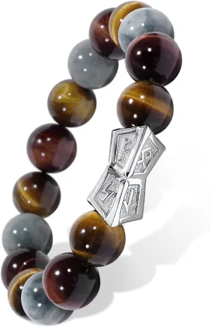 AWNL Men's Beaded Bracelet with Sterling Silver Engraved Runes Charm 12mm Bronzite Dumortierite Obsidian Natural Gemstone Gift for Men, 6.1''-7.9''