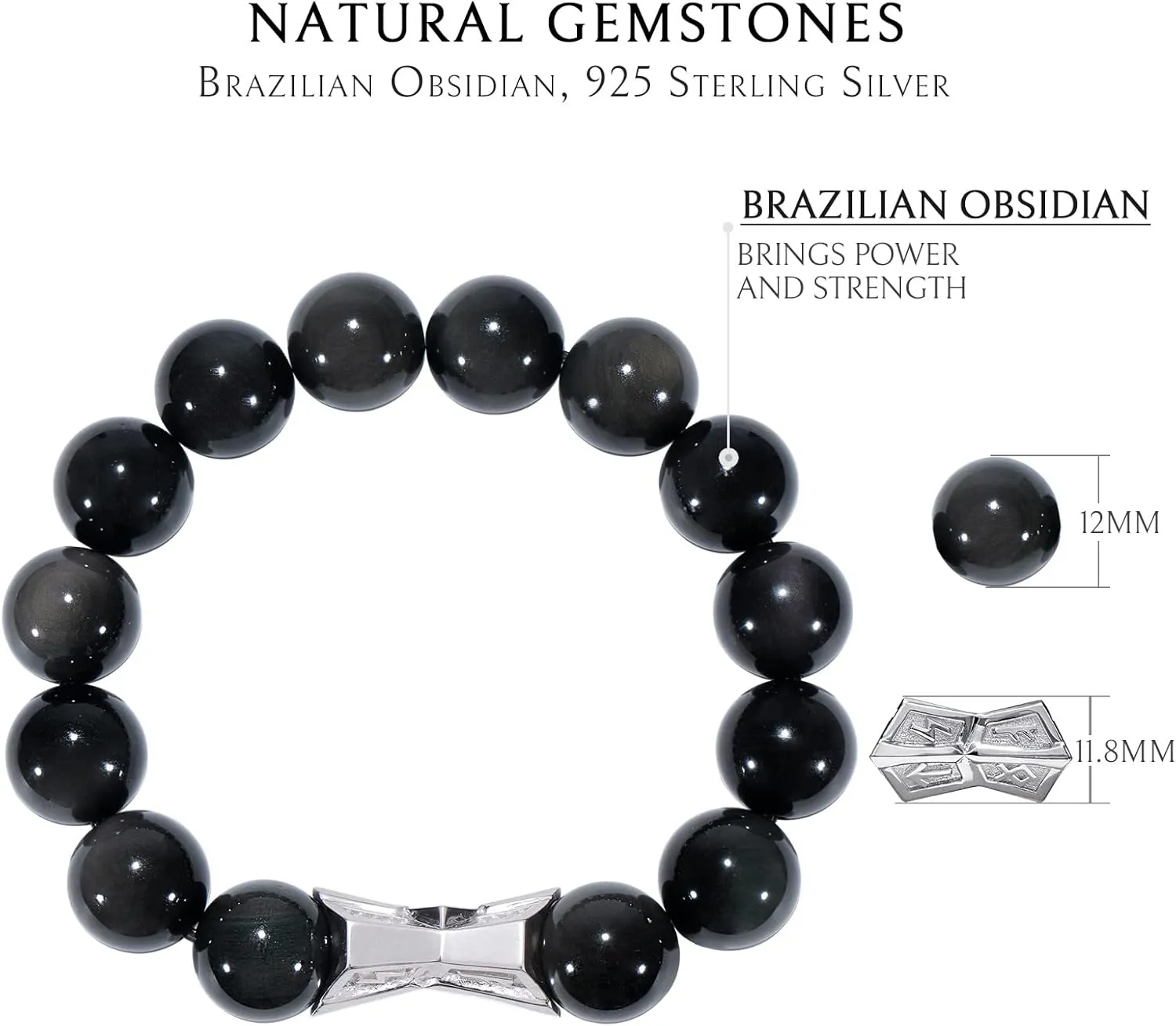 AWNL Men's Beaded Bracelet with Sterling Silver Engraved Runes Charm 12mm Bronzite Dumortierite Obsidian Natural Gemstone Gift for Men, 6.1''-7.9''