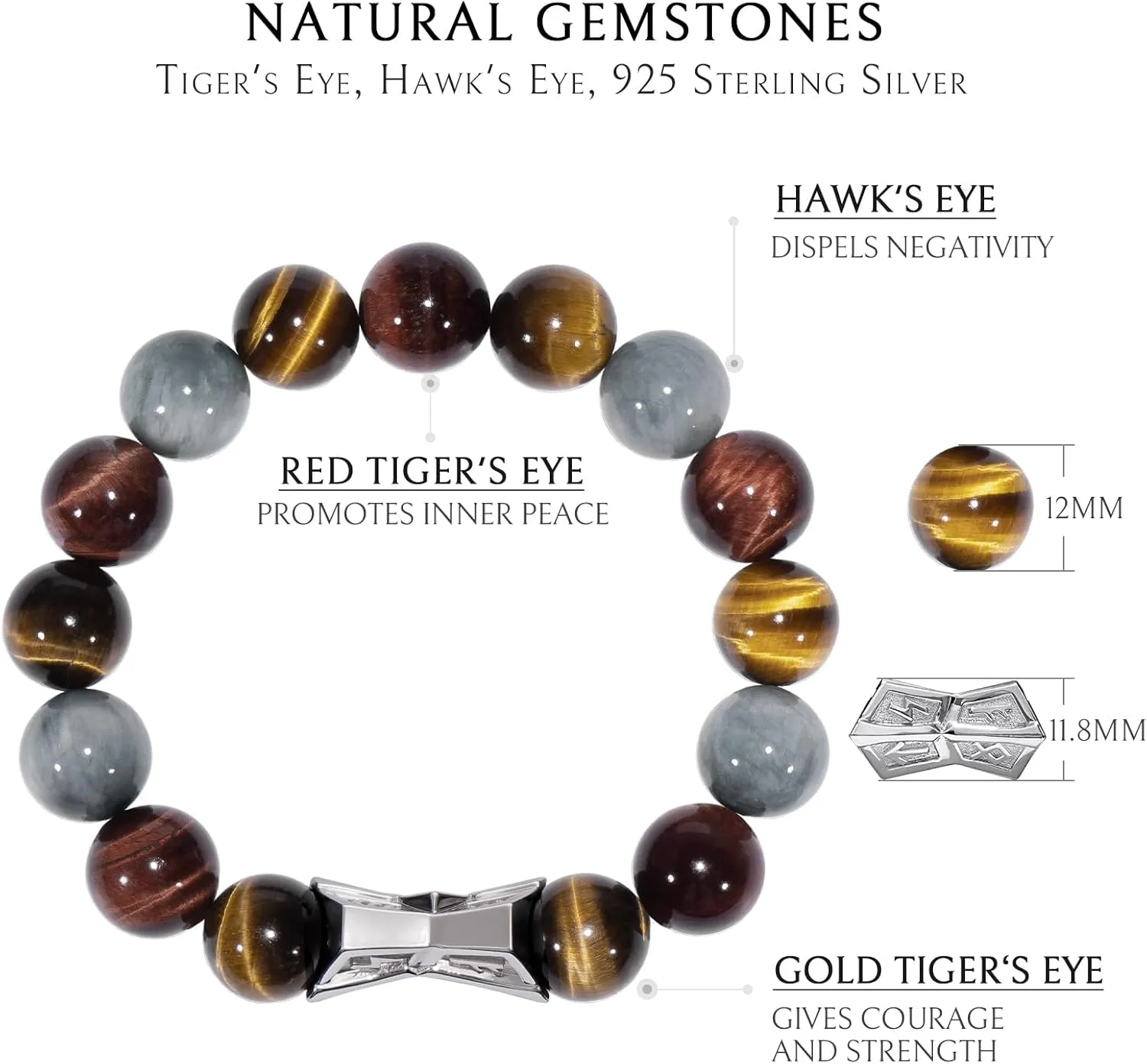 AWNL Men's Beaded Bracelet with Sterling Silver Engraved Runes Charm 12mm Bronzite Dumortierite Obsidian Natural Gemstone Gift for Men, 6.1''-7.9''