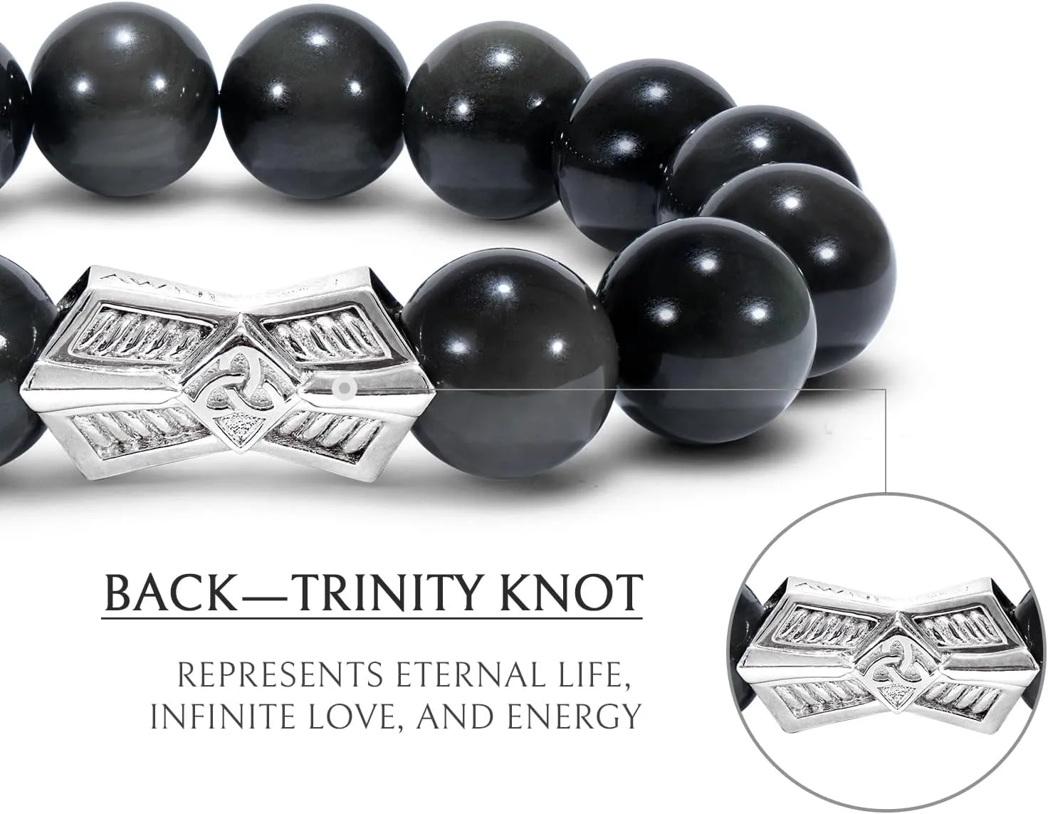 AWNL Men's Beaded Bracelet with Sterling Silver Engraved Runes Charm 12mm Bronzite Dumortierite Obsidian Natural Gemstone Gift for Men, 6.1''-7.9''